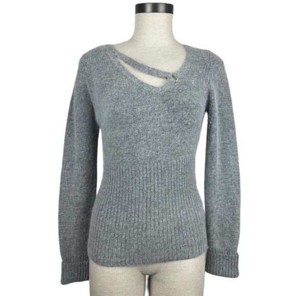 Vtg Gray Angora Lambswool Knit Sweater Size Medium Fitted Rhinestone Vintage 90s - Picture 1 of 10